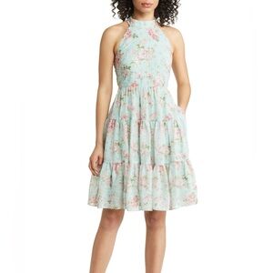 NWT Eliza J Floral Fit And Flare Chiffon Tiered Eyelet Dress Mint Green Size 16